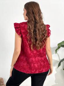 SHEIN Privé Blusa roja elegante y romántica con mangas de volantes transparentes, bajo con volantes, textura calada para mujer de talla grande, para primavera/verano - Rojo - Ver 2