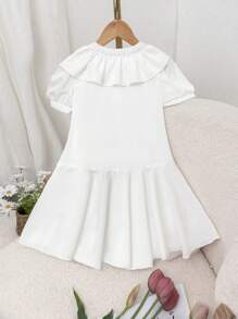 Young Girl Casual Flower Decor Ruffle Hem Mini Dress - White - View 2