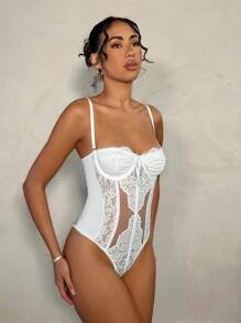 SHEIN BAE Conjunto de primavera elegante para fiesta de jardín de mujer: Camisola con bustier con escote corazón, adornada con paneles de encaje blanco y tirantes desmontables, adecuado para citas, almuerzos con amigos, salidas a principios de primavera y eventos sociales