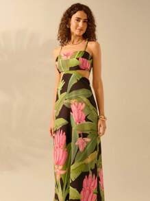 CAJUNI Women's Boho Banana Tree Print Sleeveless Tied Waist Dress, Casual Vacation Beach Summer Dress