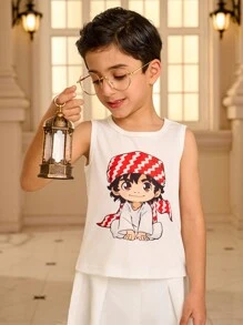Ramadan Character Print Round Neck Casual Tank Top For Young Boy