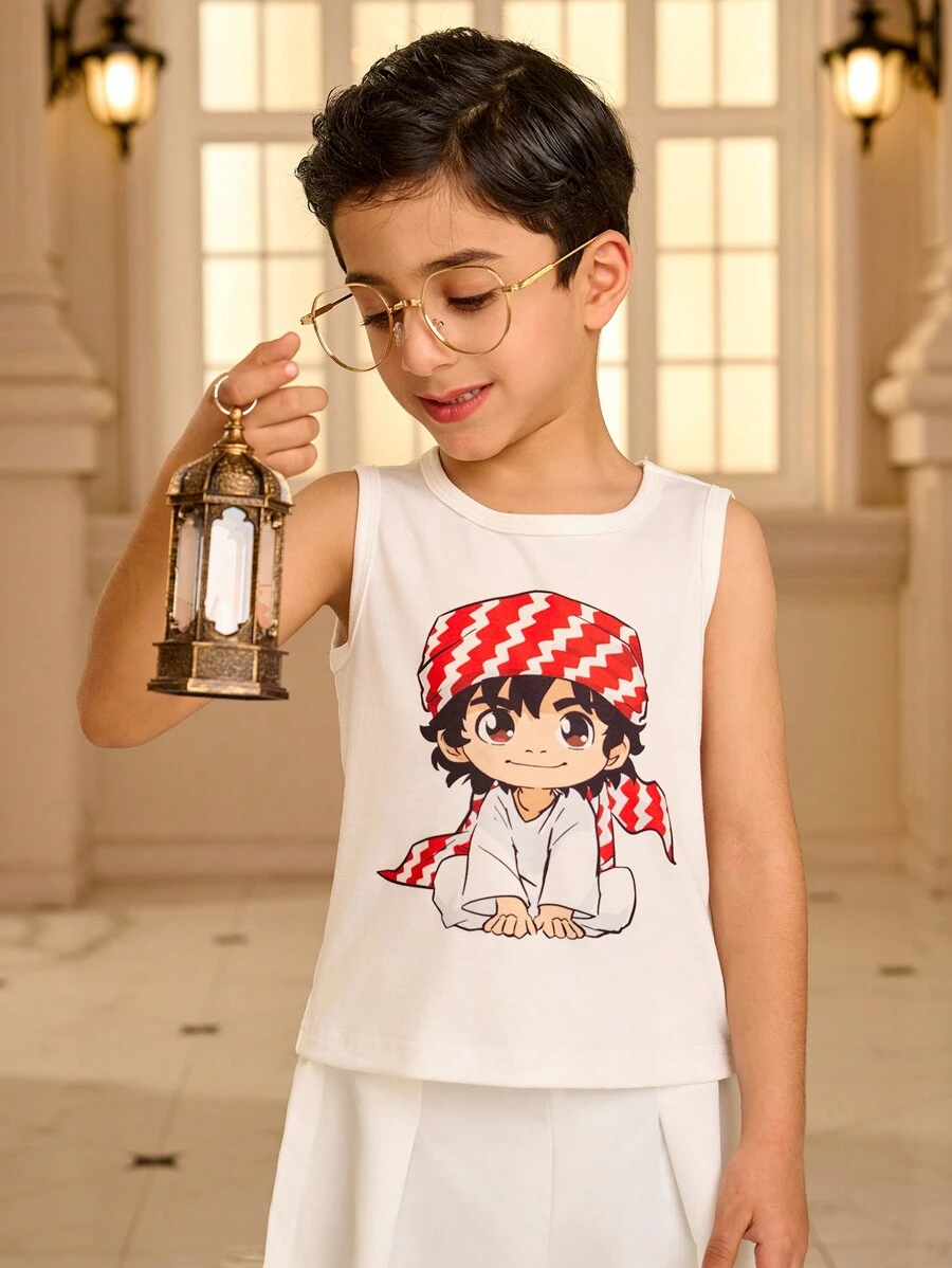 Ramadan Character Print Round Neck Casual Tank Top For Young Boy