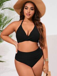 Swim Basics Costume da bagno a due pezzi da donna taglie forti, colore tinta unita, con collo a canottiera, set minimalista alla moda, ideale per la spiaggia e le vacanze estive