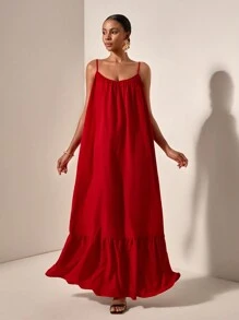 Zivah Vacation Red  Loose Fit Spaghetti Strap Smocked Ruffle Hem Backless Cami  Long Dress