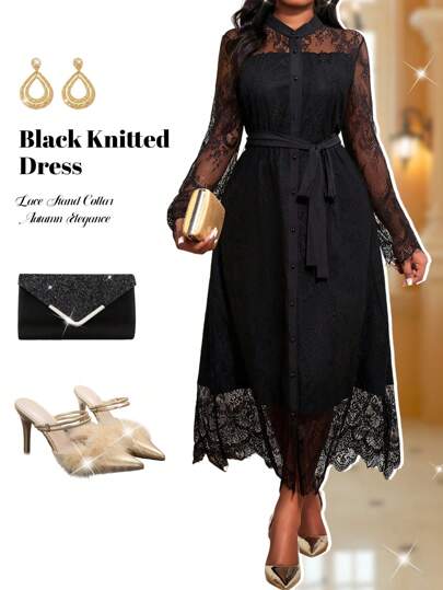 Fleurora Autumn And Winter Elegant Work Office Black Knitted Lace Stand Collar Flared Contrast Lace Long Long Sleeve Plus Size Dresses