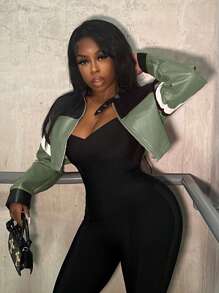 Slaydiva Autumn And Winter Casual Street Motorcycle Style Round Neck Long-Sleeved Off-Shoulder Ultra-Cut Black And Red PU Women's Jacket-E - Green - View 4