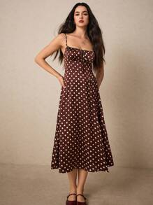 Poéselle Polka Dot Knot Front Split Thigh Cami Dress,Polka Dot Dress - Multicolor - View 6
