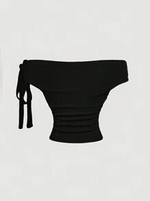 SHEIN MOD 黑色简约露肩优雅女式衬衫新年夜外出上衣 - 黑色 - 查看 2