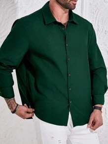 Manfinity Homme Men Plus Size Solid Color Long Sleeve Single-Breasted Casual Shirt, Fall - Dark Green - View 3
