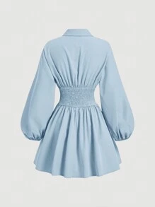 SHEIN MOD Vestido camisa azul de manga larga ajustado con mangas abullonadas para mujer, camisa oversize para mujer, camisa abotonada para mujer, vestido camisa