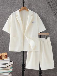 SHEIN Leap Crew Teen Boys Gentleman Suit, Casual, Collegiate, Comfortable, Fashionable, Versatile, Suitable For Daily Wear, School, Outdoor Activities, Sports, Valentine's Day Party, Beach Holiday - Beige - View 3