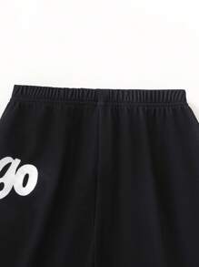 SHEIN 年轻男孩休闲运动字母印花松紧腰短裤，时尚百搭，适合日常穿着、上学、旅行、春夏季 - 黑色 - 查看 4