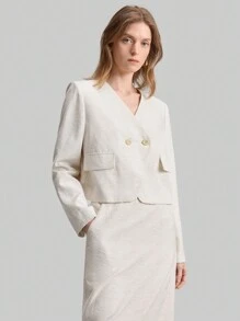 Ontre Women's Stand Collar Double-Breasted Long Sleeve Short Suit Jacket, Urban Vintage Style, Linen Material