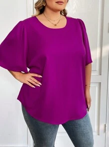 SHEIN CURVE+ Camisa de mujer de tallas grandes de cuello redondo y mangas acampanadas en unicolor