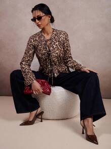 COSMINA Women Leopard Print Long Sleeve Front-Tie Shirt - Multicolor - View 1