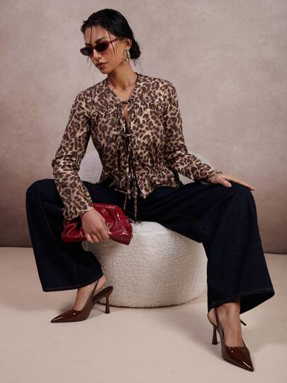 COSMINA Women Leopard Print Long Sleeve Front-Tie Shirt