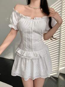 DAZY Lace Jacquard Ruffle Trim Off Shoulder Women's Dress Summer,Milkmaid Dress Sundress,Casual Women Dresses