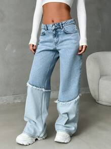 EURMUSE WOMEN LOW WAIST WIDELEG TRENDY CASUAL - Light Wash - View 6