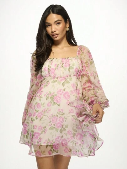 MISSGUIDED Floral Empire Waist Mini Dress With Puff Sleeves Square Neck Spring Summer Party Wedding Guest Garden Tea Party Dress