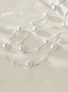 Clariva 1pc Handmade Beaded Long Necklace For Women, Layered Faux Pearl Sweater Chain, Fashion Elegant Party Dress Accessory Winter Gifts