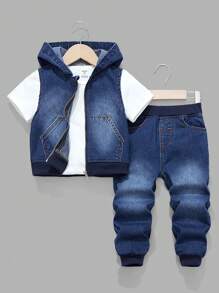 SHEIN 2 件套年轻男孩街头酷蓝色牛仔连帽无袖背心和罗纹松紧腰慢跑裤套装，适合儿童日常穿着和街头装