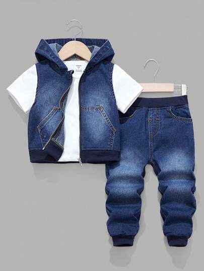 SHEIN 2 件套年轻男孩街头酷蓝色牛仔连帽无袖背心和罗纹松紧腰慢跑裤套装，适合儿童日常穿着和街头装