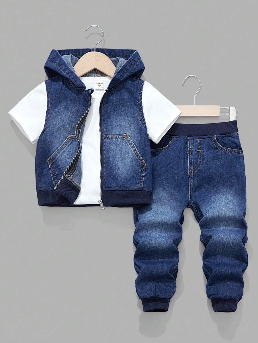 SHEIN 2 件套年轻男孩街头酷蓝色牛仔连帽无袖背心和罗纹松紧腰慢跑裤套装，适合儿童日常穿着和街头装