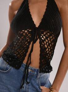 SHEIN BAE Women Solid Color Lace-Up Front Hollow Out Halter Neck Knit Top - Black - View 8
