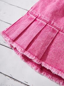 Baby Girl Hot Pink Summer Cute School Denim Skirt,Y2K Style Waist Elastic Ruffled Washed Mini Skirt,Elegant Casual Streetwear 2025 New Arrival Arrival - Pink - View 4