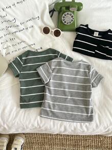 SHEIN Vintaside Kids 3 pièces Ensemble de Top rayé unisexe pour bébé garçon, noir, gris et vert olive - Couleurs assorties convenant à toutes les occasions en été. Vêtements de bébé garçon, hauts pour bébés garçons, vêtements pour garçons, vêtements de bébé garçon, hauts pour bébés garçons