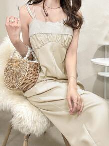 FRIFUL Women's Apricot Color Elegant Lace Patchwork Jumpsuit Pants, Summer Outfit,Ruffle - Apricot - View 3