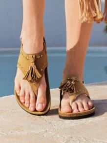 Styleloop Women's New Brown Rivet Tassel Decor Back Strap Thong Soft Cork Sandals, Luxury Fashion Versatile Casual Beach Retro Boho Style Lightweight Outdoor Holiday Flat Sandals - Brown - View 7