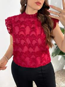 SHEIN Privé Blusa roja elegante y romántica con mangas de volantes transparentes, bajo con volantes, textura calada para mujer de talla grande, para primavera/verano - Rojo - Ver 3