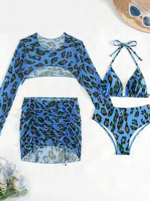 Swim SXY 4 件春假套装新款豹纹随机印花三角上衣和下装和长袖罩衫和沙滩抽绳纱笼，夏季海滩休闲运动节日约会节日派对女士泳装比基尼套装度假 - 彩色 - 查看 5