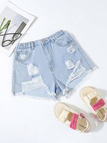 Teen Girl New Ripped Hem Fringed Low-Rise Fashionable Denim Shorts - Light Wash - View 1