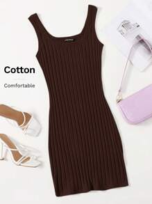 SHEIN Essnce 羅紋針織包臀連衣裙 - 巧克力棕 - 查看 6