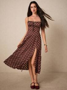 Poéselle Polka Dot Knot Front Split Thigh Cami Dress,Polka Dot Dress - Multicolor - View 1