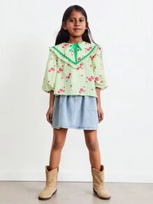 SHEIN 年轻女孩绿色蝴蝶结领荷叶边泡泡袖宽松衬衫，自然与度假风格，春季 - 綠色 - 查看 4