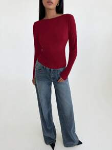 Aloruh 女式蕾丝拼接长袖露背短款上衣 - 酒紅色 - 查看 2