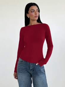 Aloruh 女式蕾丝拼接长袖露背短款上衣 - 酒紅色 - 查看 4