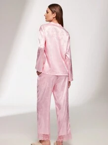 LUVLETTE Autumn And Winter Silky Satin Pink Retro Elegant Luxurious Floral Patterned Lace Trim Button-Up Top & Pants Loungewear Pajama Set For Women Pants With Pockets Lounge Sets For Women Lingerie Bridal Intimates Fall Pajamas - Pink - View 3