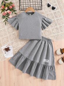 2 件套：少女纯色针织修身圆领 T 恤和修身针织裙 - 灰色 - 查看 4