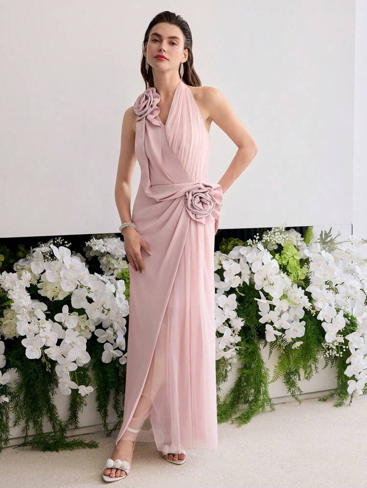 STEREO FLORAL DRAPED DRESS