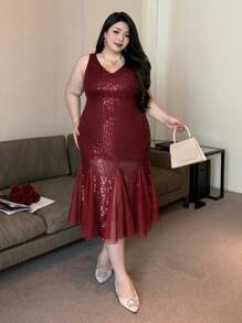 Dazy Plus Plus Size V-Neck Elastic Patchwork Net Yarn Cocktail Party Burgundy Dress, Spring/Summer Prom Dress Sundress Wedding Women Dresses Elegant Women Dresses Carnival - Burgundy - View 3