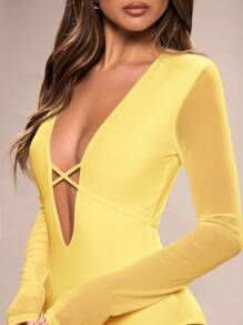 SHEIN BAE Women's Solid Color Deep V-Neck Mesh Panel Long Sleeve Sexy Bodysuit - Yellow - View 6