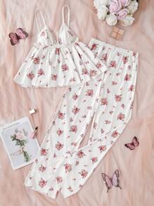 Lace Patchwork V-Neck Ditsy Floral Camisole & Pants Pajama Set - White - View 4