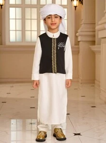 SHEIN 2pcs Muslim Kid Outfit - Shirt And Vest Set, Little Gentleman Muslim Boys White Robe Suit, Muslim Stand Collar Shirt For Boys Aged 4-7 Years