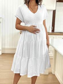 SHEIN Maternity V-Neck Short Sleeve Ruffle Hem Casual Dress - White - View 3