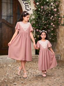 SHEIN 2pcs Chiffon Sister Matching Outfits: Lace Panel Waist Elastic Ruched A-Line Midi Skirt + Ruffle Trim Sleeve Dress, Suitable For Outing & Party, Summer - Beige - View 4