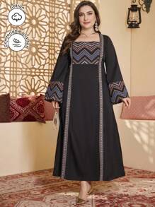 Al Najma Vestido elegante de talla grande con cuello cuadrado, cintura ceñida y borde acampanado con efecto de empalme - Multicolor - Ver 1